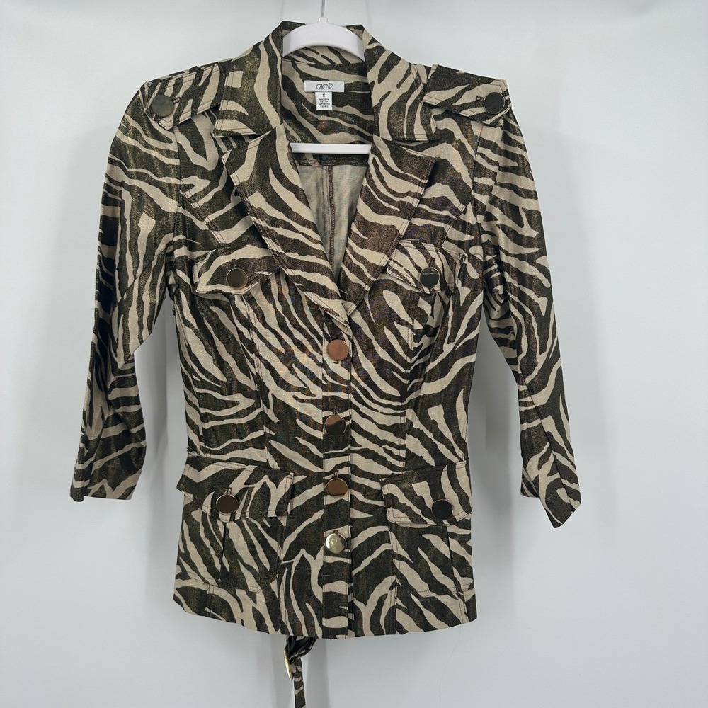 Cache Womens Y2K Zebra Print Metallic Gold Safari Utility Jacket Size S Belted